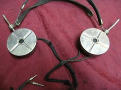 Antique PAL Headphones cloth wire headband radio headset earphones pin plugs