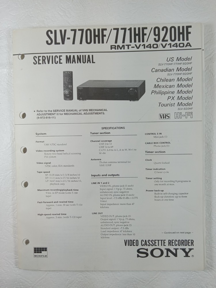 Sony Video Cassette Recorder SLV770HF/771HF/920HF RMTV140/V140A Service Manual