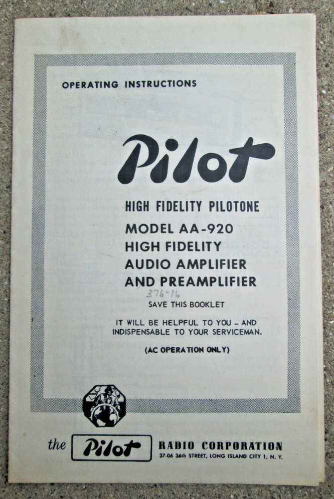 Pilot High Fidelity Pilotone Model AA-920 Operating Instructions Booklet VTG