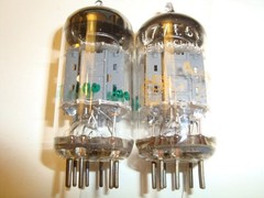 Pair of 12AU7 tubes, By Philips of Holland, Branded Bugle Boy & Orange Global