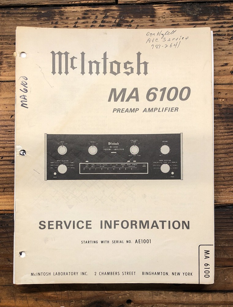 McIntosh MA6100 MA6100 Amplifier Service Manual *Original*
