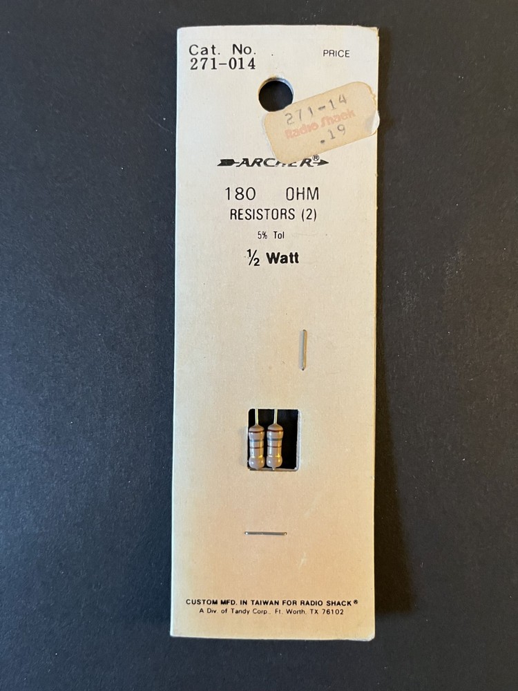 Radio Shack 180 OHM Resistors (2) 1/2 watt 271-014 Tandy Archer 🔥NEW NOS💥
