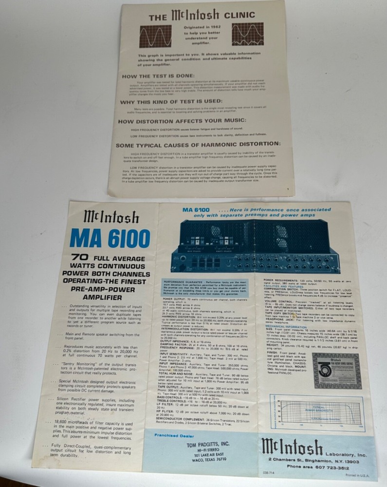 VTG McIntosh MA-6100 Vintage Preamp-Amplifier Sales Brochure (original)/Clinic