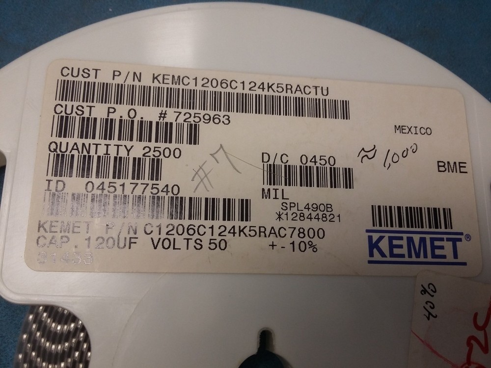 Reel of C1206C124K5RAC7800, Cap Ceramic .12uF 50V X7R 1206 SMT