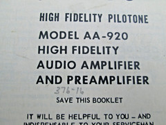 Pilot High Fidelity Pilotone Model AA-920 Operating Instructions Booklet VTG