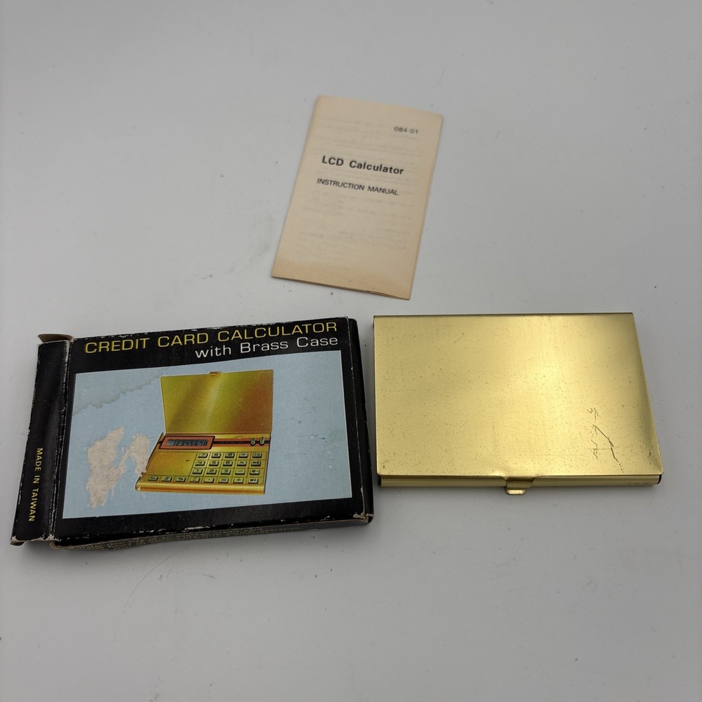 Credit Card Calculator with Brass Case Vintage LCD Taiwan Futura