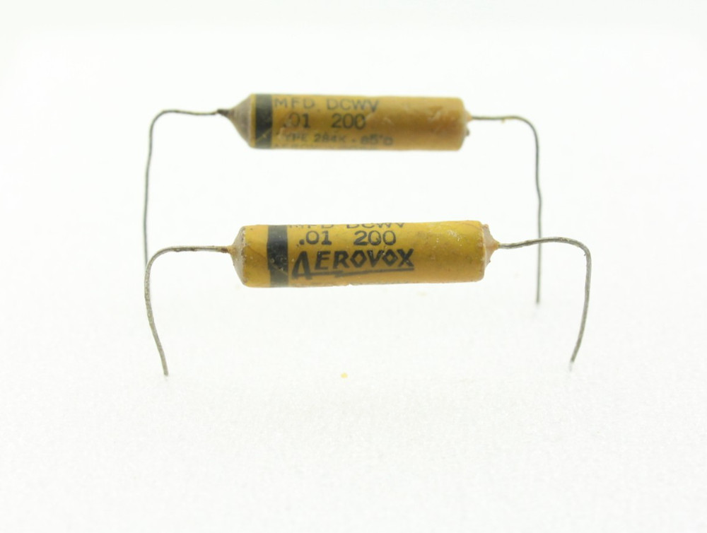 NOS Qty 2 Aerovox .01uF 10% 200V Capacitors Matched Pair Paper Wax Tone Caps USA