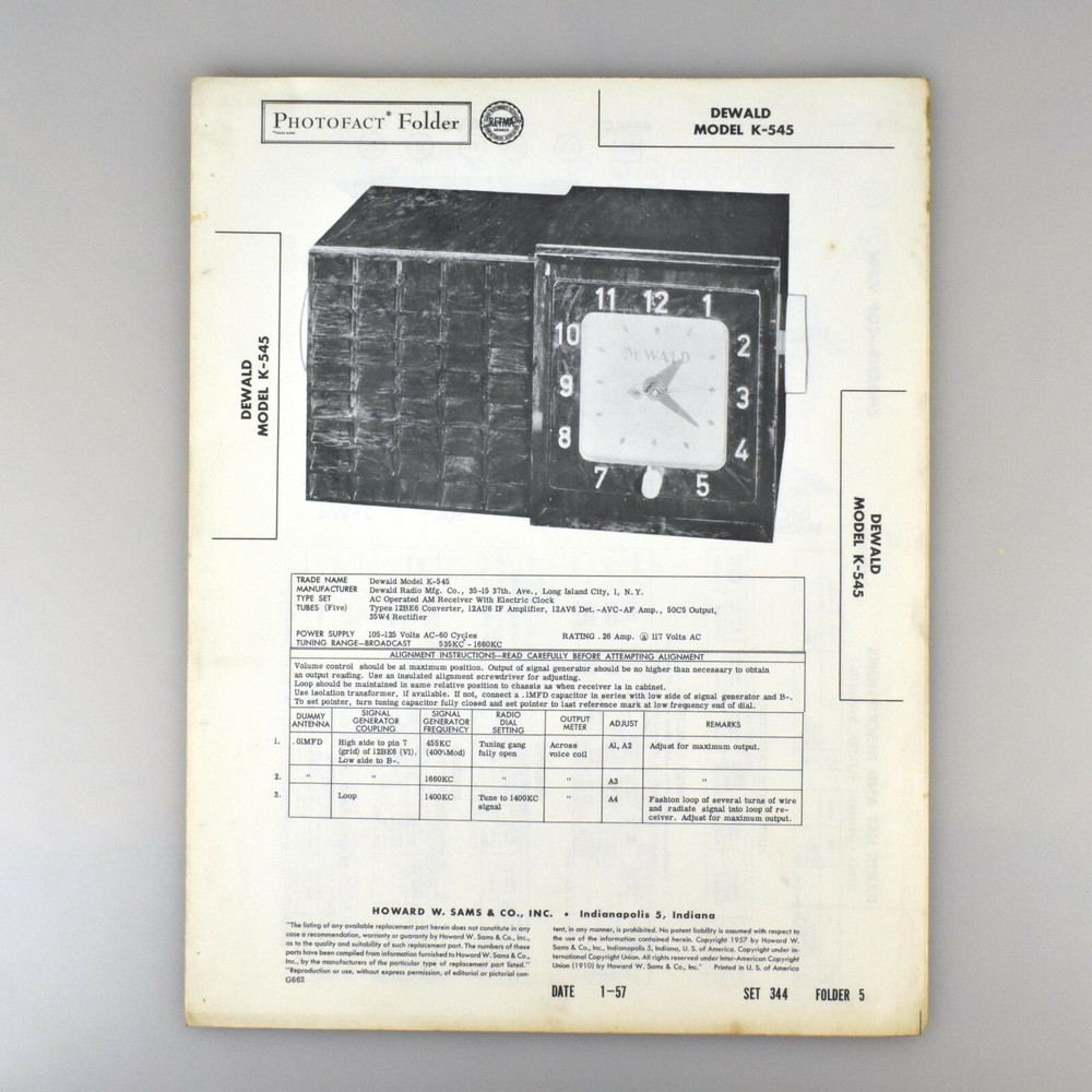 Dewald K-545 Electric Clock Radio Receiver SAMS Photofact Service Manual 344-5