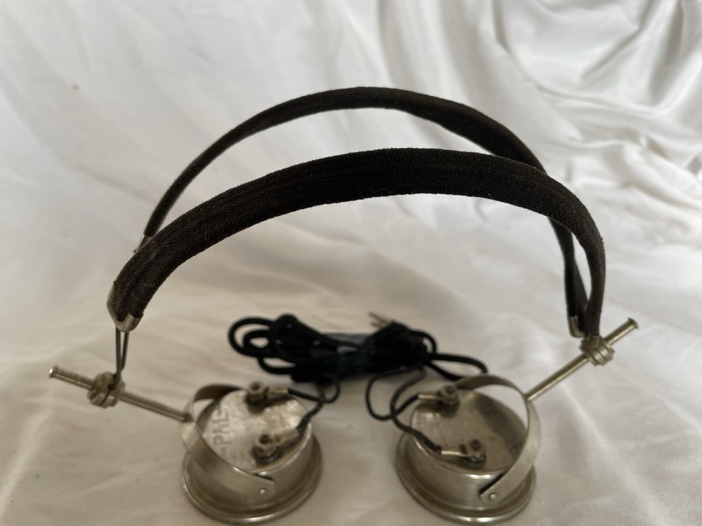 Antique PAL Headphones Cloth Wire Headband Radio Headset Earphones Pin Plugs