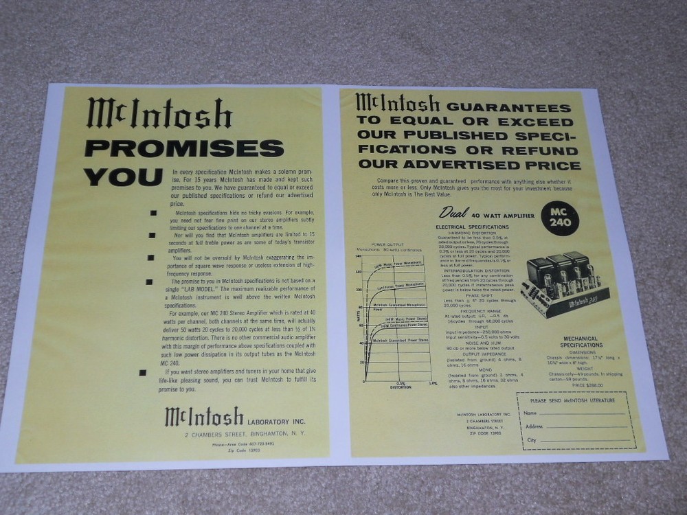 McIntosh MC 240 Tube Amplifier Ad, 2 pgs, 1958, Specs, Article, Beautiful!