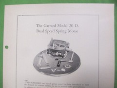 GARRARD MODEL 20 D. SPRING MOTOR SALES SHEET & INFO DUAL SPEED SPRING MOTOR