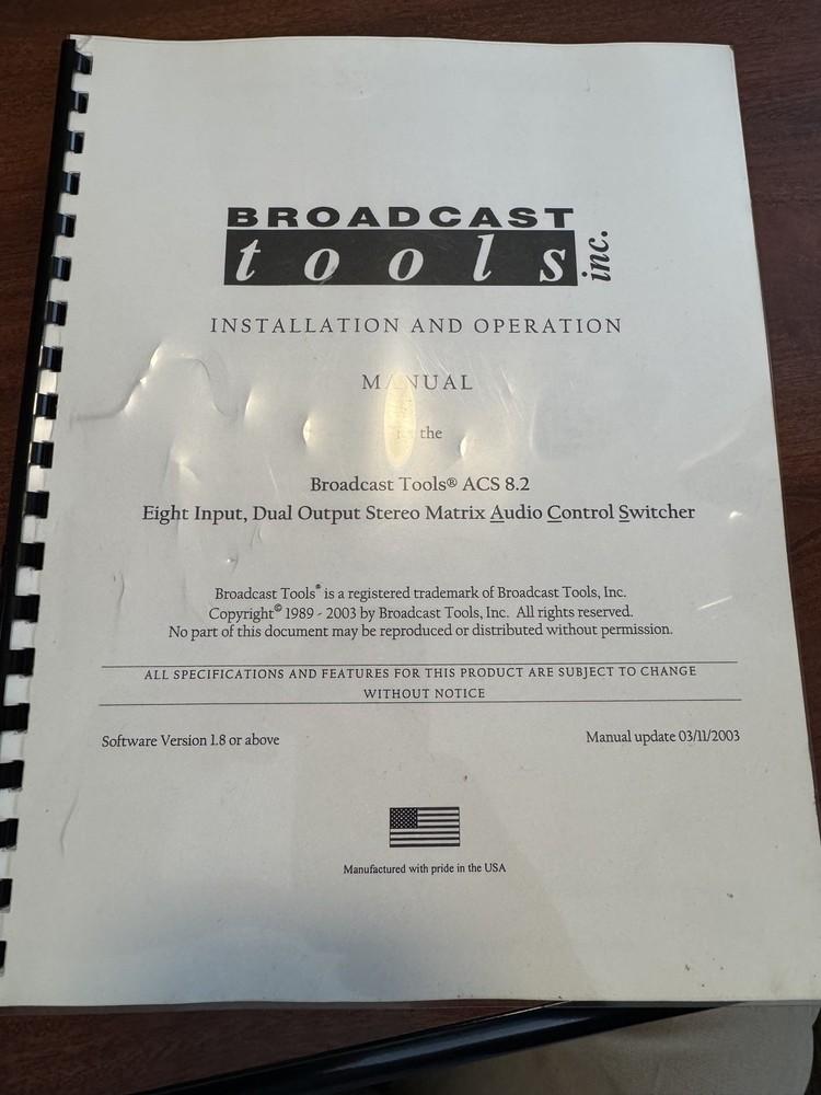Broadcast Tools SS 8.2 Stereo Audio Matrix Switch Installation Operation Manual