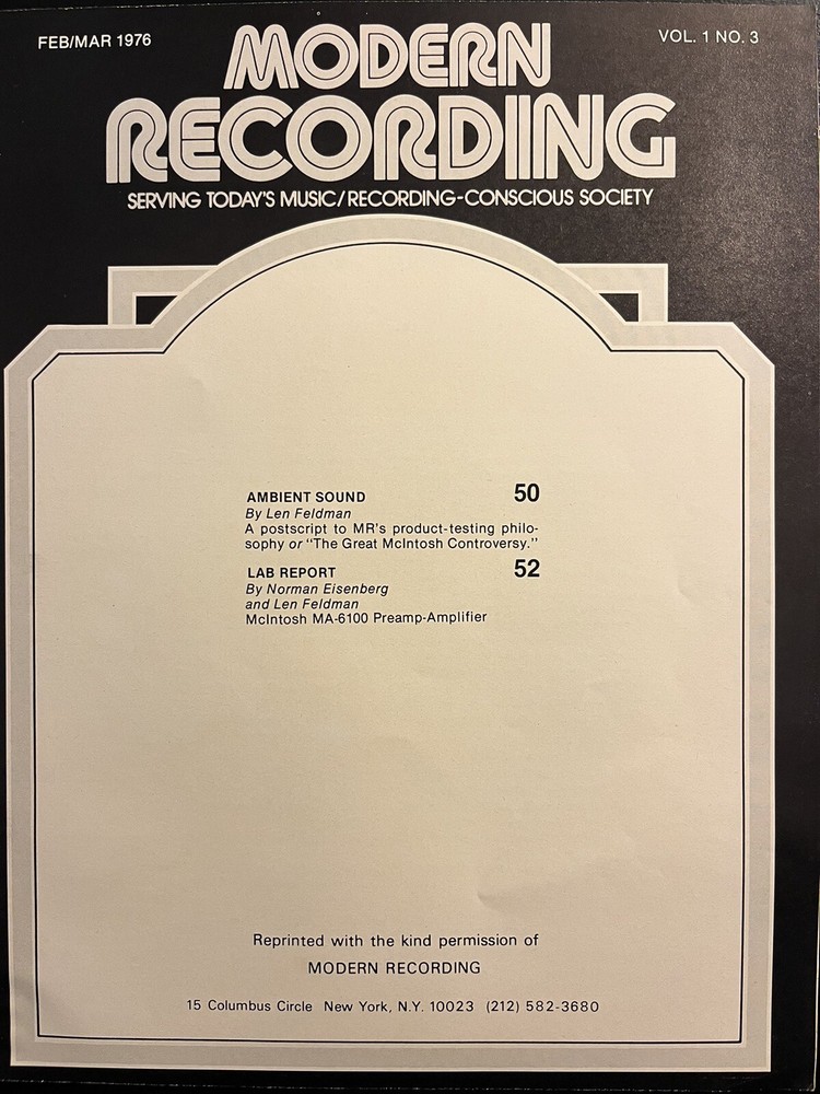 MODERN RECORDING MCINTOSH MA6100 PREAMP AMP 1976 ARTICLE ORIGINAL REPRINT JO1304