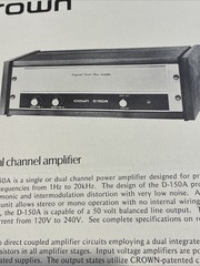 Original 1970 CROWN D 150 A Dual Single Channel Amplifier Advertising Spec Sheet