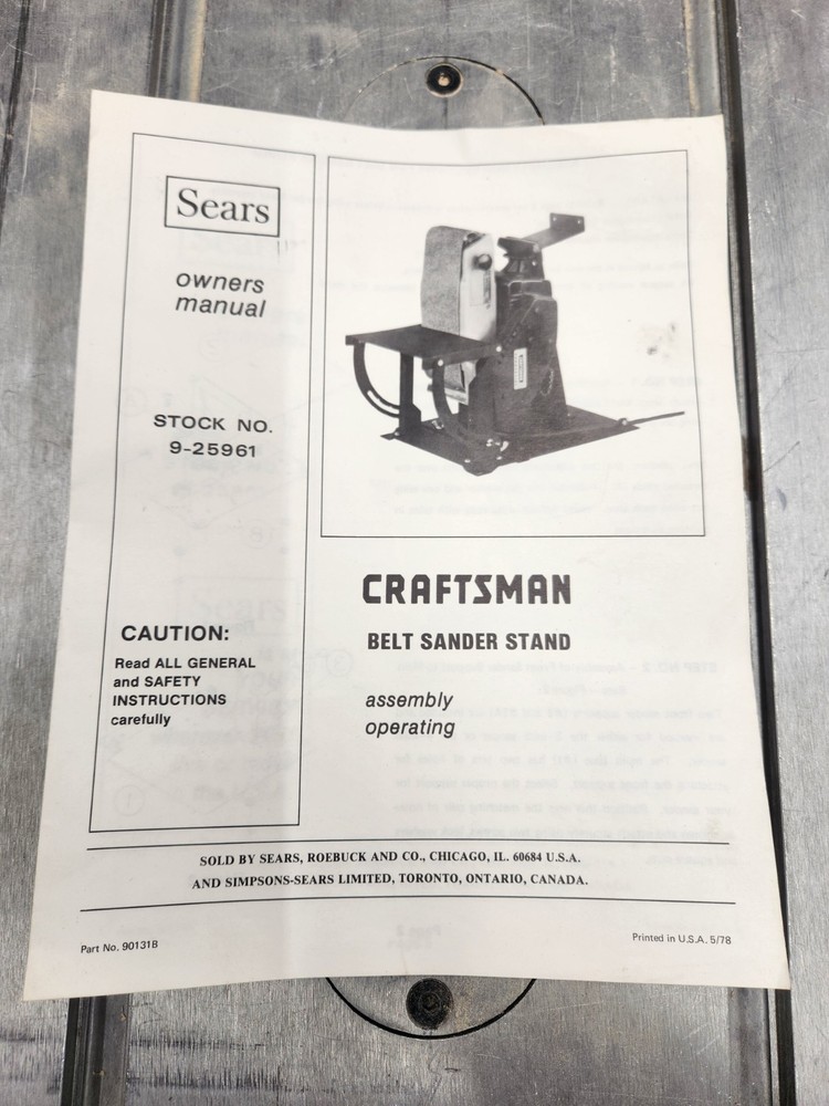 1976 Sears Craftsman Belt Sander Stand owners manual model # 9.25961
