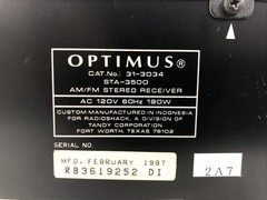 Optimus STA-3500 Digital Synthesized AM/FM Stereo Receiver. Tested & working.