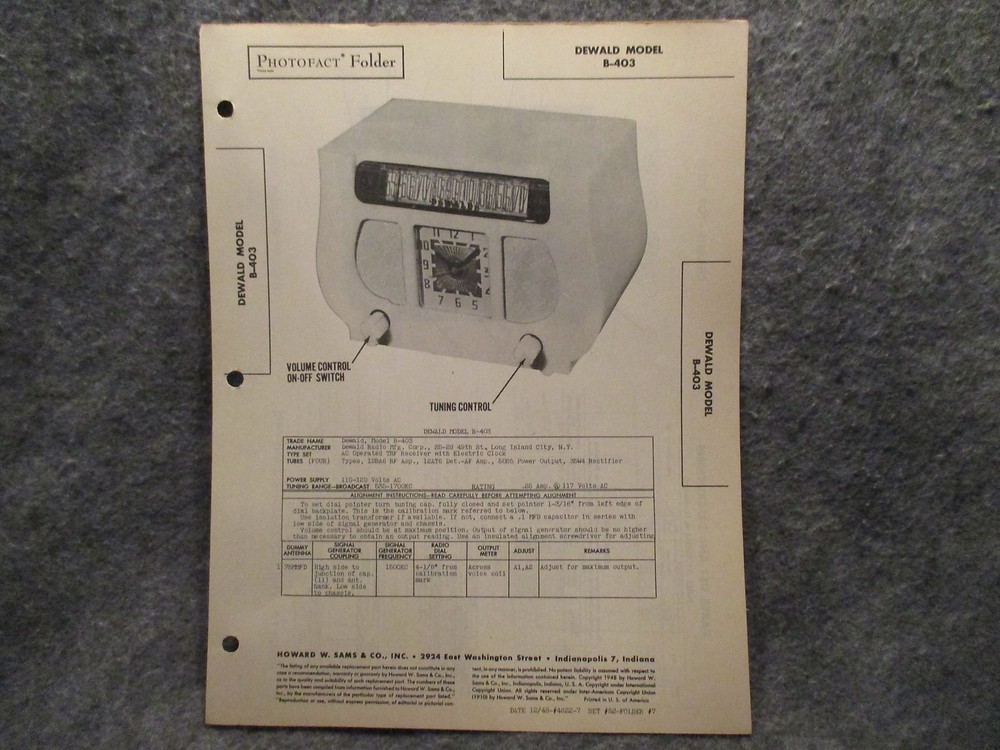 Sams Photofact Folder #7 From Set #52 Dewald Model B-403 Radio