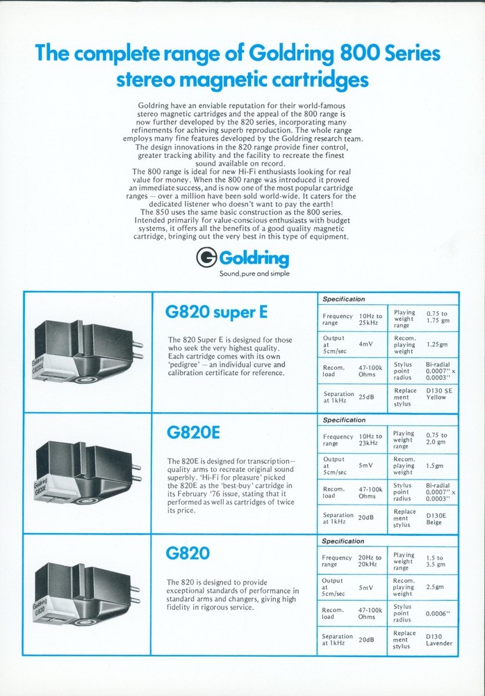 c1975 Goldring Stereo HiFi Cartridge Glossy Dealer Brochure All Models Compared