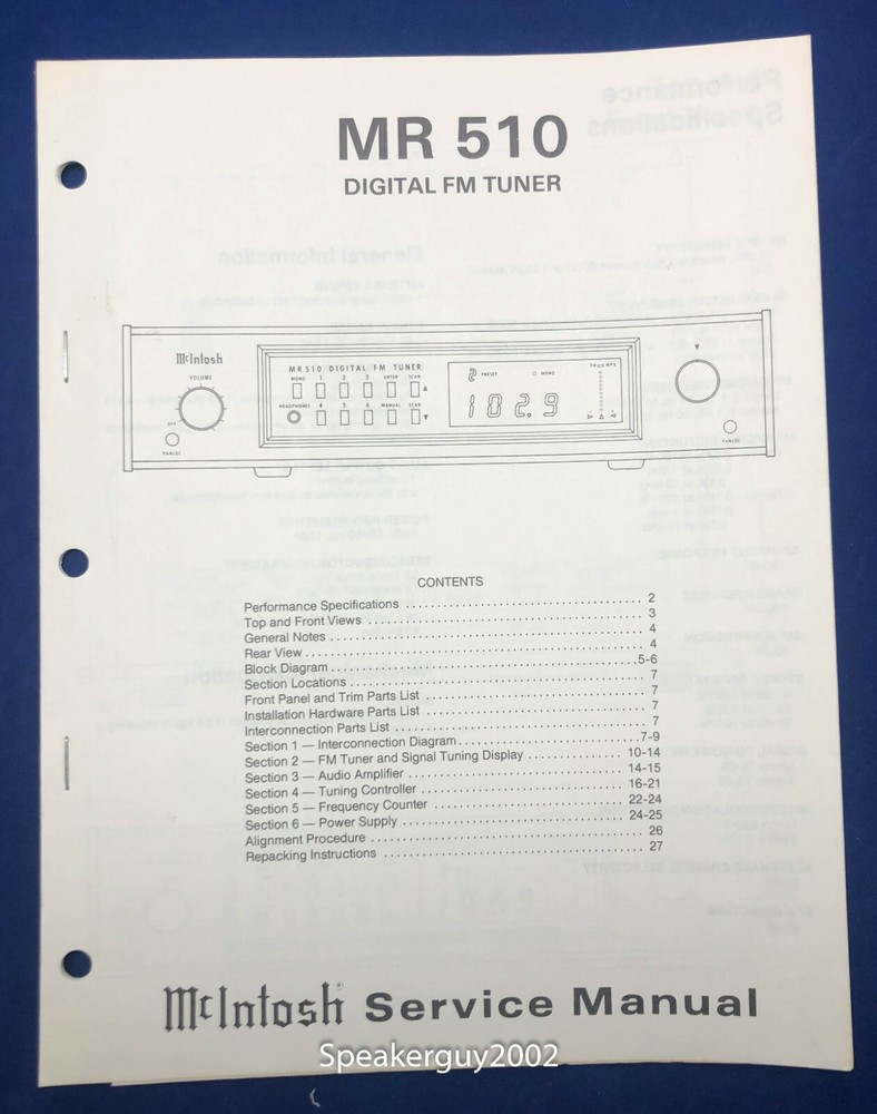 Original McIntosh MR510 / Digital FM Tuner Service Manual