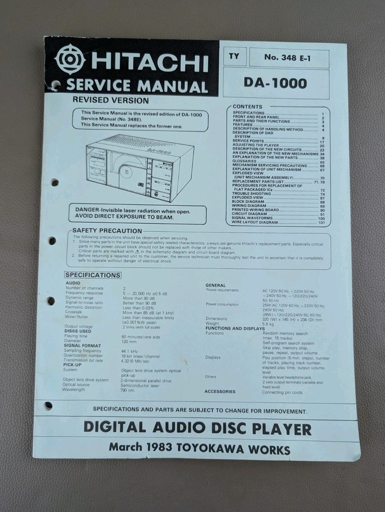 Hitachi Digital Audio Disc Player Da-1000 Service Manual Revised Version D-4865