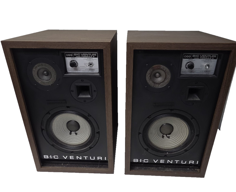 BIC Venturi Formula 2 Speakers Pair Vintage 1970s 8″ Woofer Walnut USA Tested