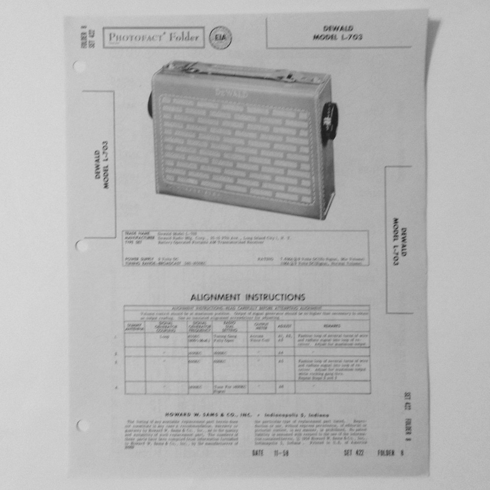 Dewald Model L-703 Portable AM Transistor Radio – SAMS Photofact ™ 1958 New