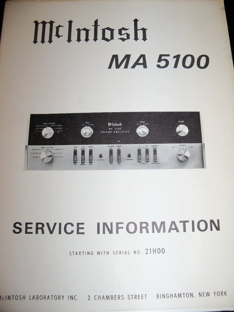 ORIGINAL MCINTOSH MA 5100 SERVICE INFORMATION GOOD SHAPE