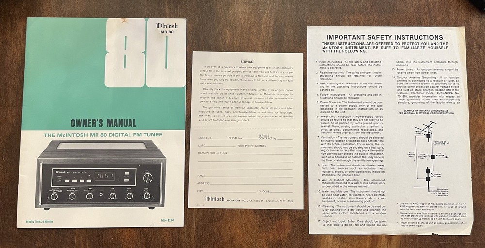 McIntosh MR80 Digital FM Radio Tuner Owner’s Manual, Schematic, Warranty Card