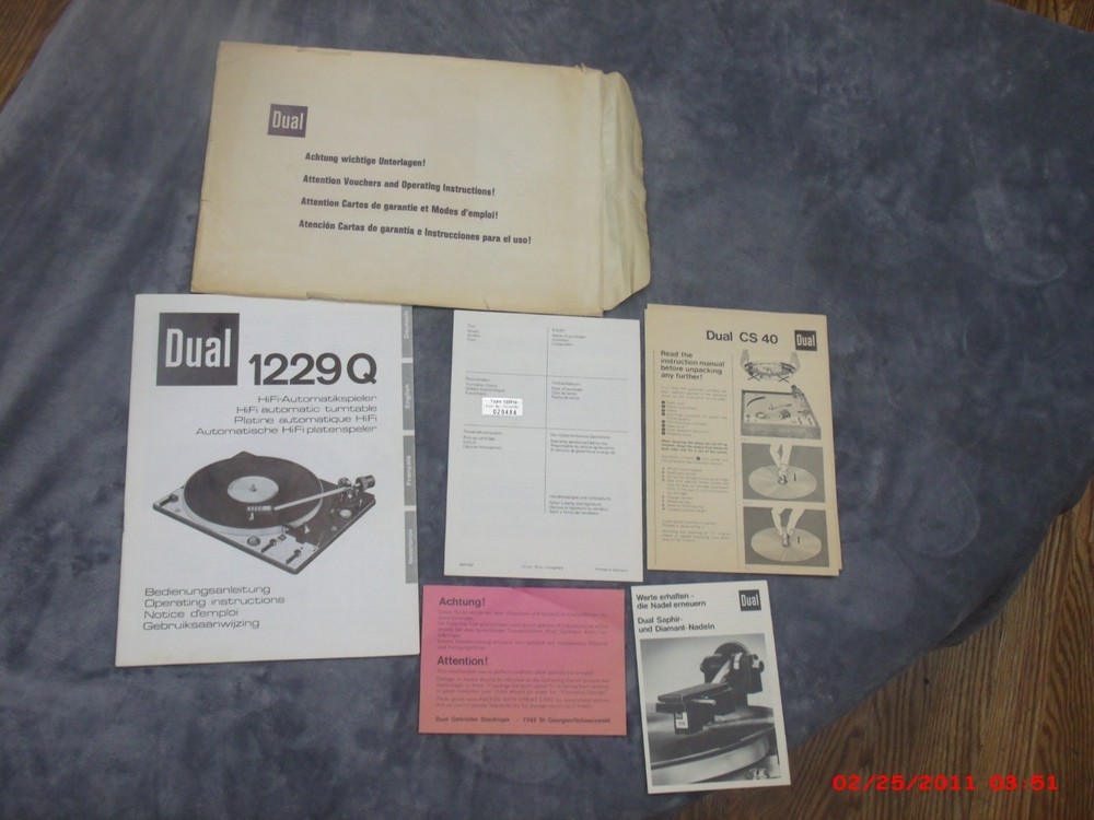Vintage OEM Complete Dual Turntable 1229Q User and service manuals