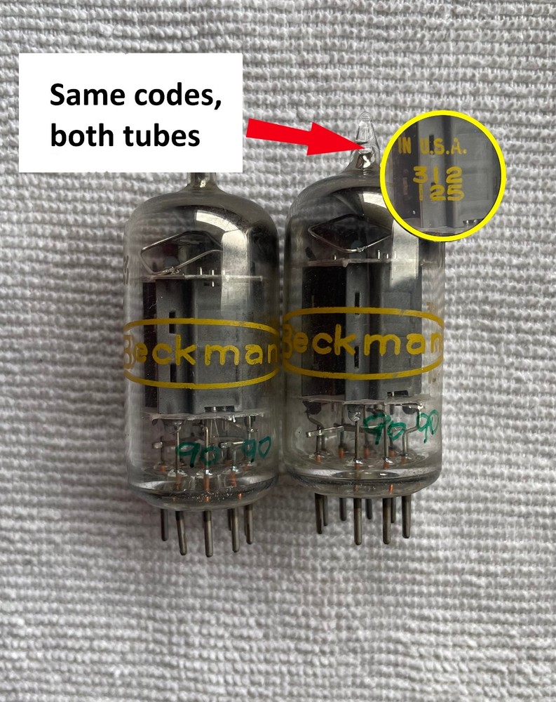 One matched pr. BECKMAN (SYLVANIA USA) 5963 TUBES ( = 12AU7) tube codes match