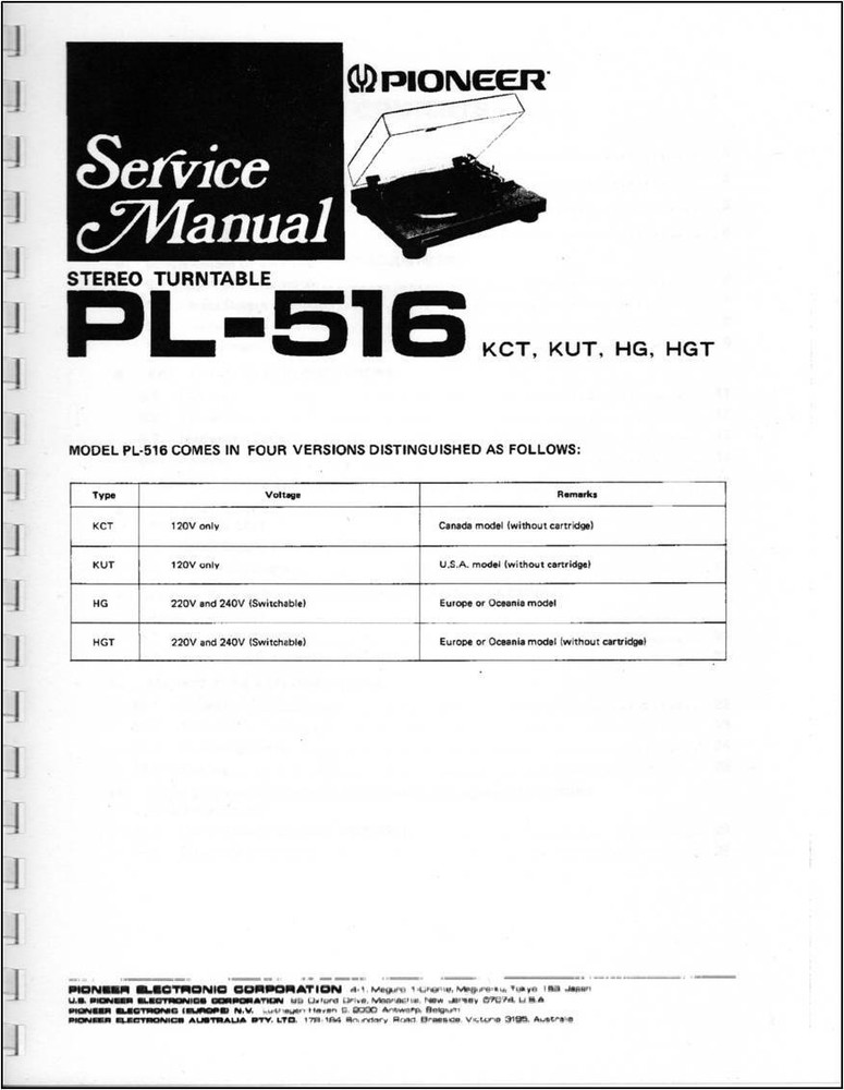 Pioneer PL-516 Turntable Service Manual