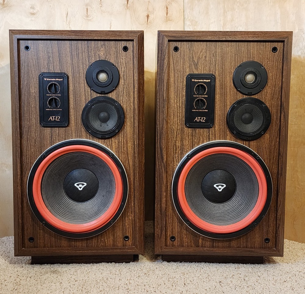 Pair of Vintage Cerwin Vega AT-12 Floor 3-Way Speakers Original Covers Tested