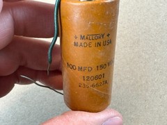 Vintage 1966 Mallory Paper Capacitor 100 uf 150v Axial Cap