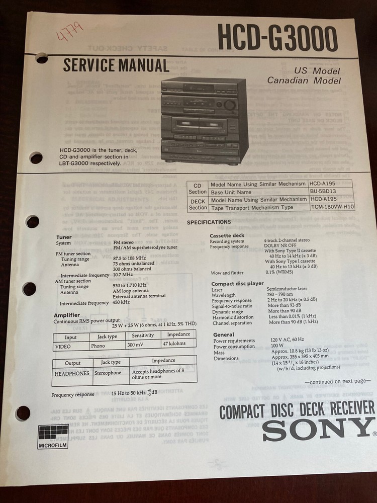 SONY HCD-G3000 HCDG3000 Service Manual FROM THE USA **ORIGINAL**
