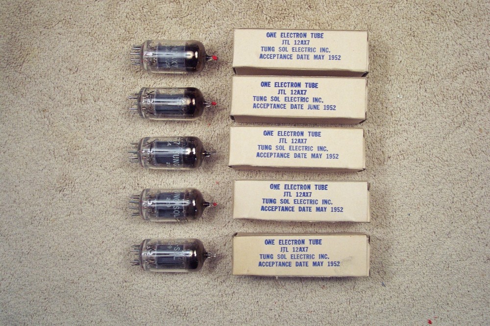 Five, NEW. Tung Sol USA JTL 12AX7, long plate, military, matched quintet. ECC83