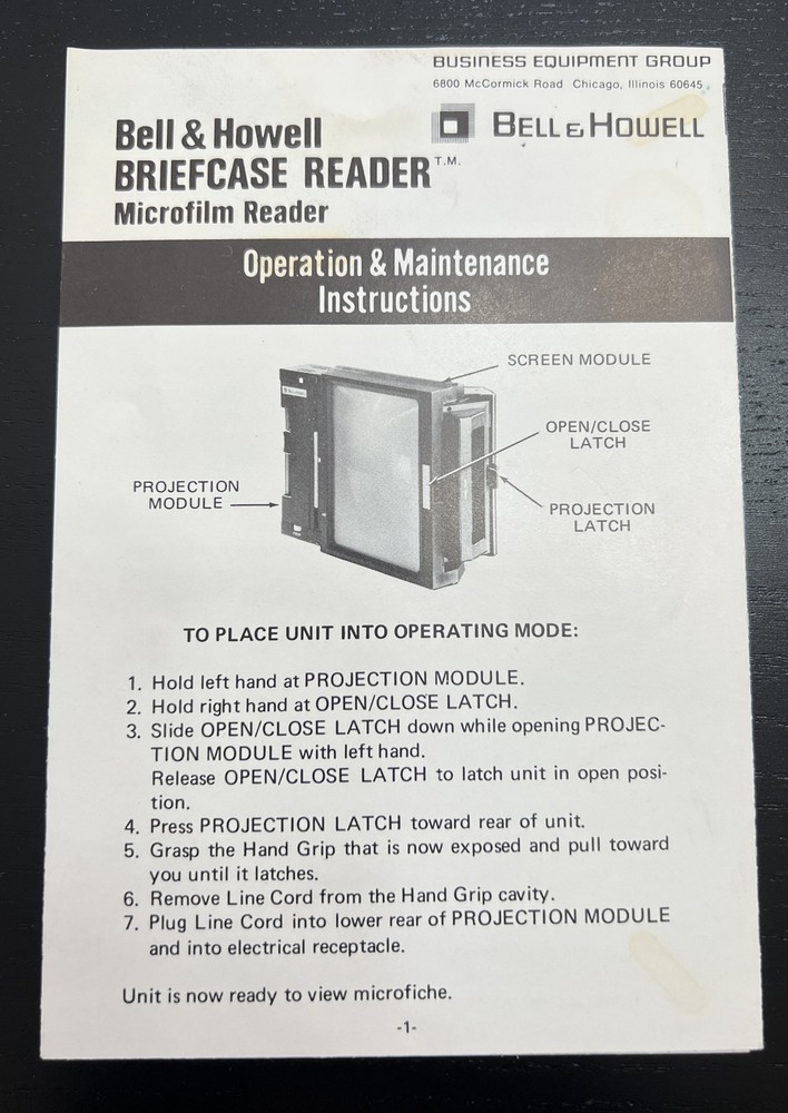 Bell & Howell Briefcase Microfilm Reader Owner Instructions Maintenance Manual