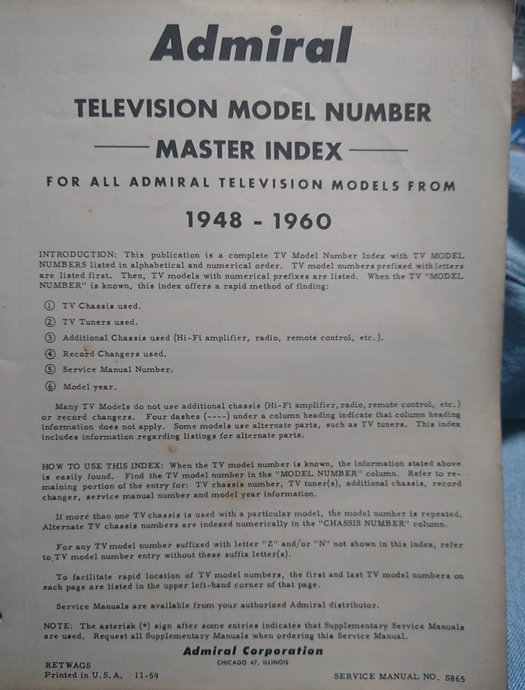 Vintage Admiral Television Service Manual (All Models From 1948-1960). A55