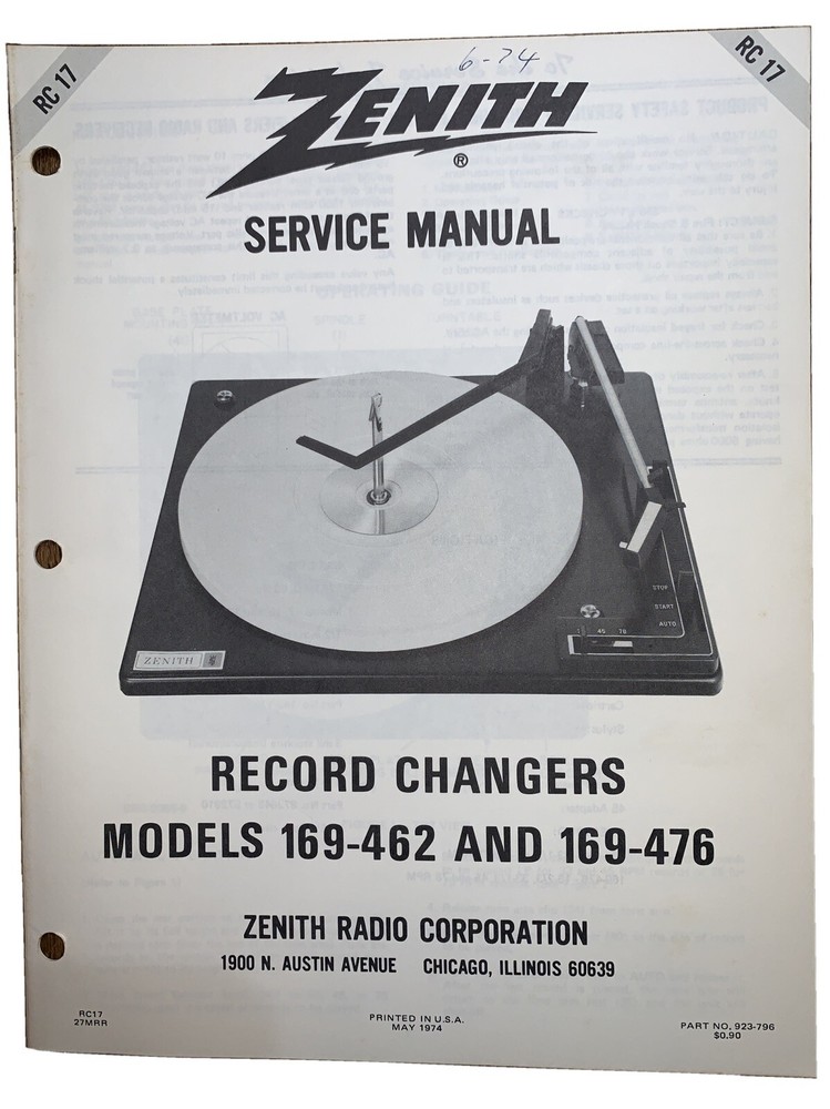Zenith Service Manual RC 17 Record Changers 169-462, 476