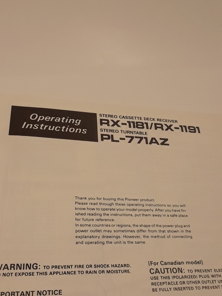 PIONEER RX-1181/RX-1191 PL-771AZ Operating Instructions Booklet Manual EUC