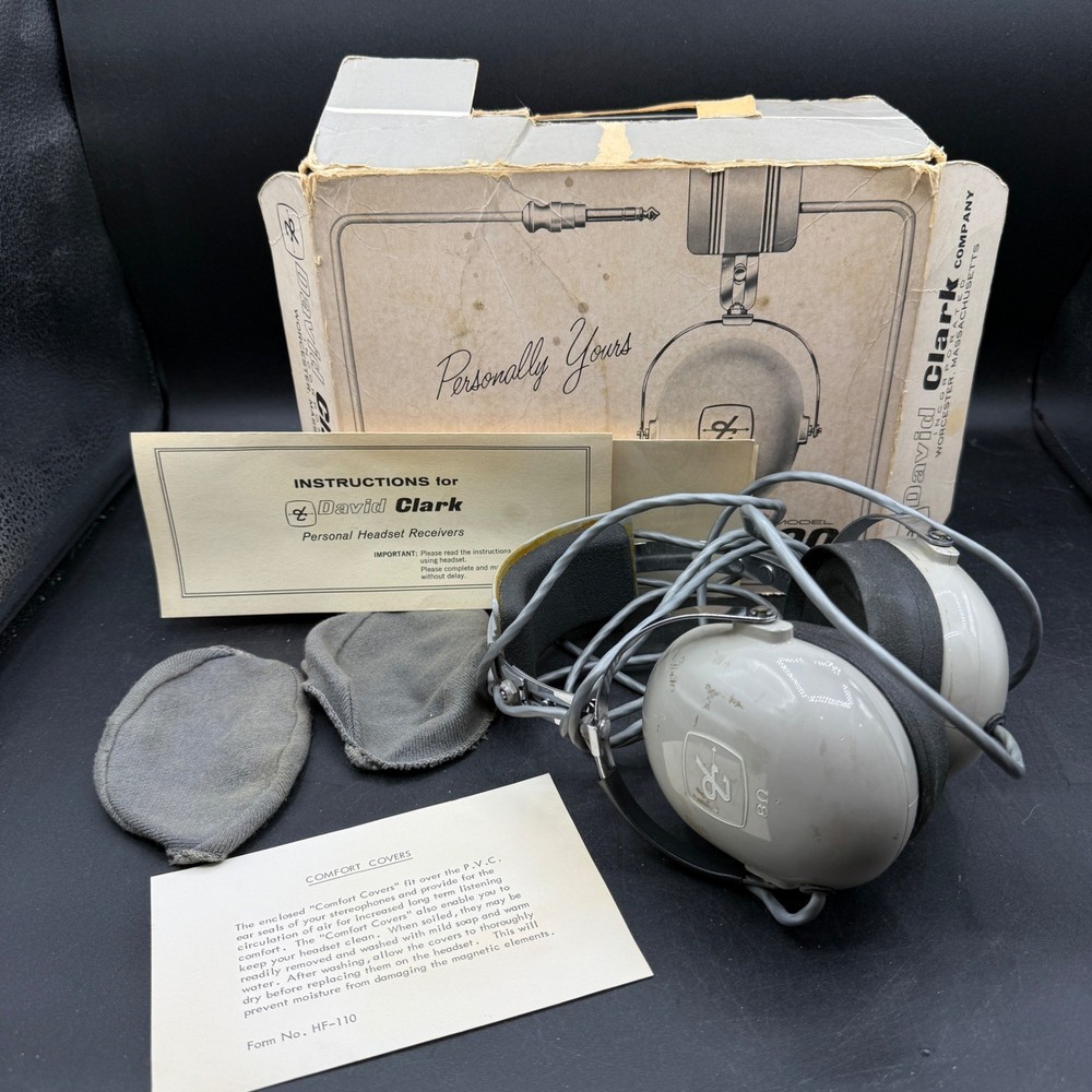 Vintage David Clark Model 100 Headset Receivers Aviation Airplane w/ Box Manual