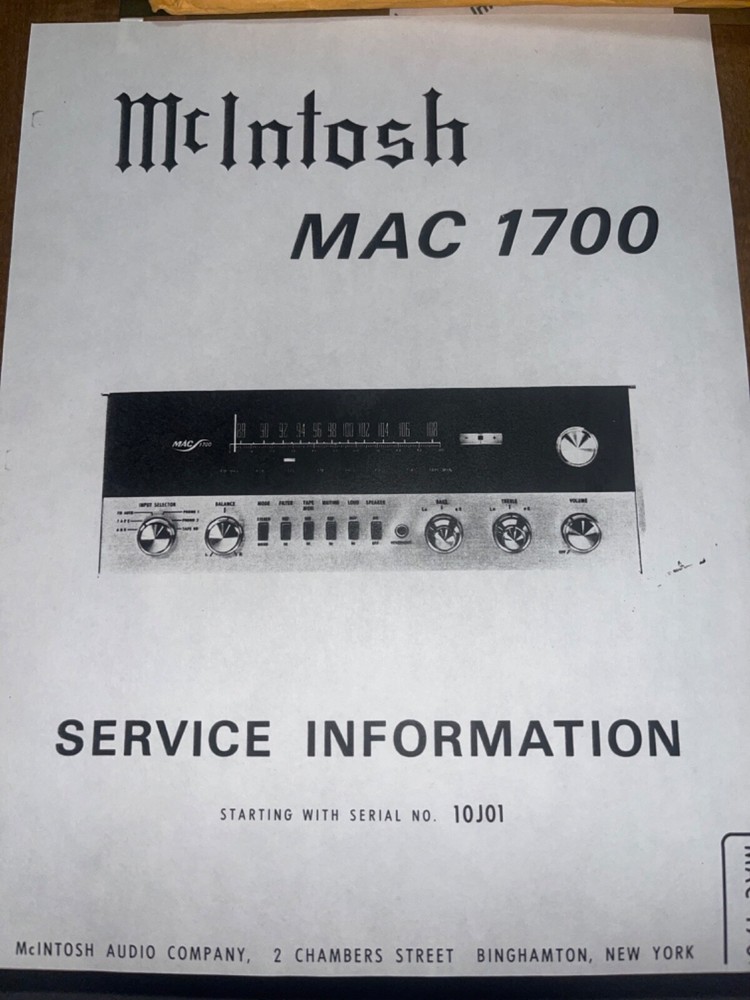McIntosh MAC-1700 Service Manual 038-348 , Serial # 10J01 Photocopy