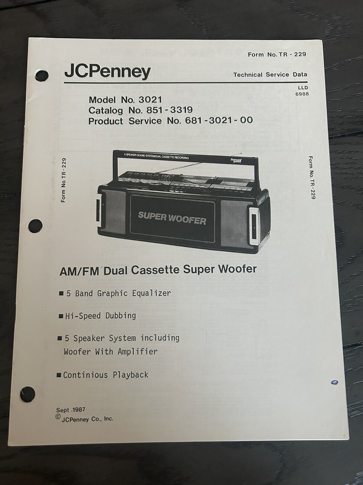 J.C. Penney Model No 3021 Dual Cassette Tape Super Woofer Technical Service Data