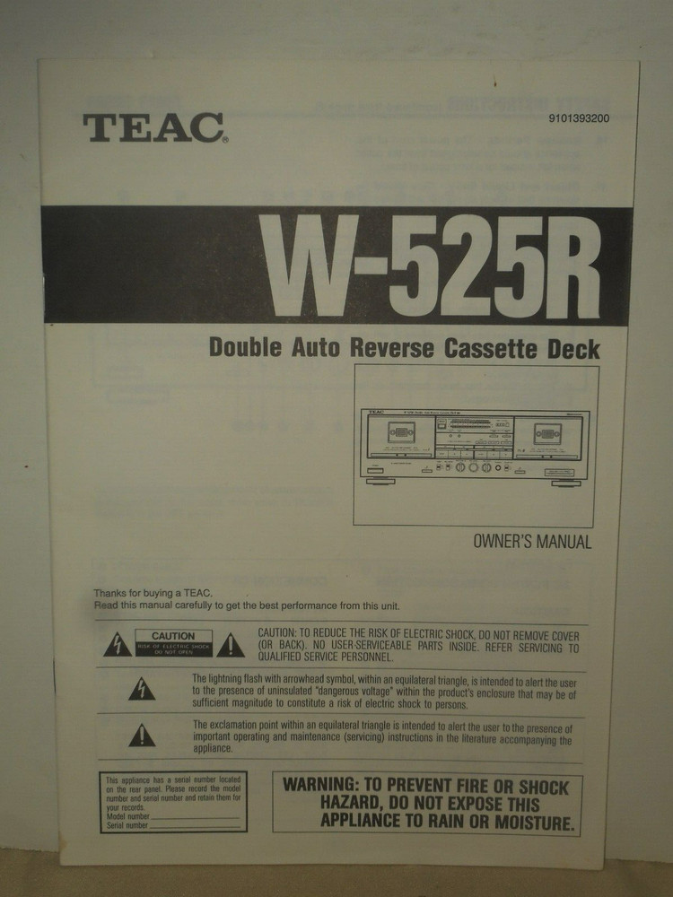 TEAC W-525R Owner’s Manual & Specifications Double Auto Reverse Cassette Deck