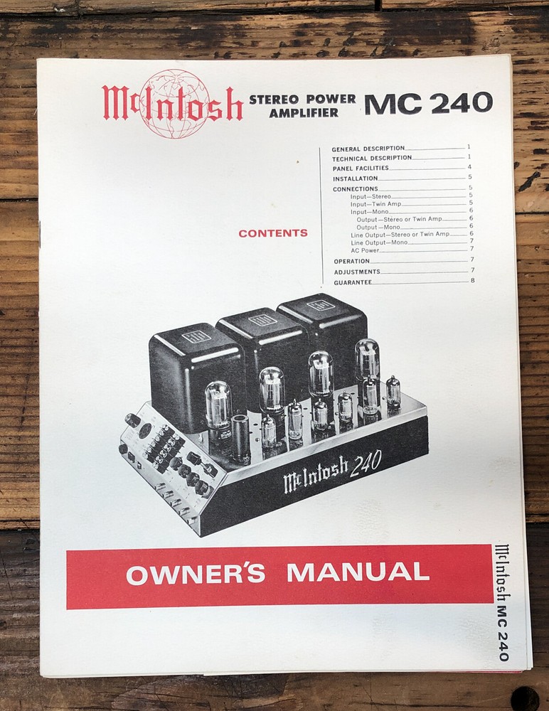 McIntosh MC-240 MC 240 Tube Amplifier Owner / User Manual *Original*