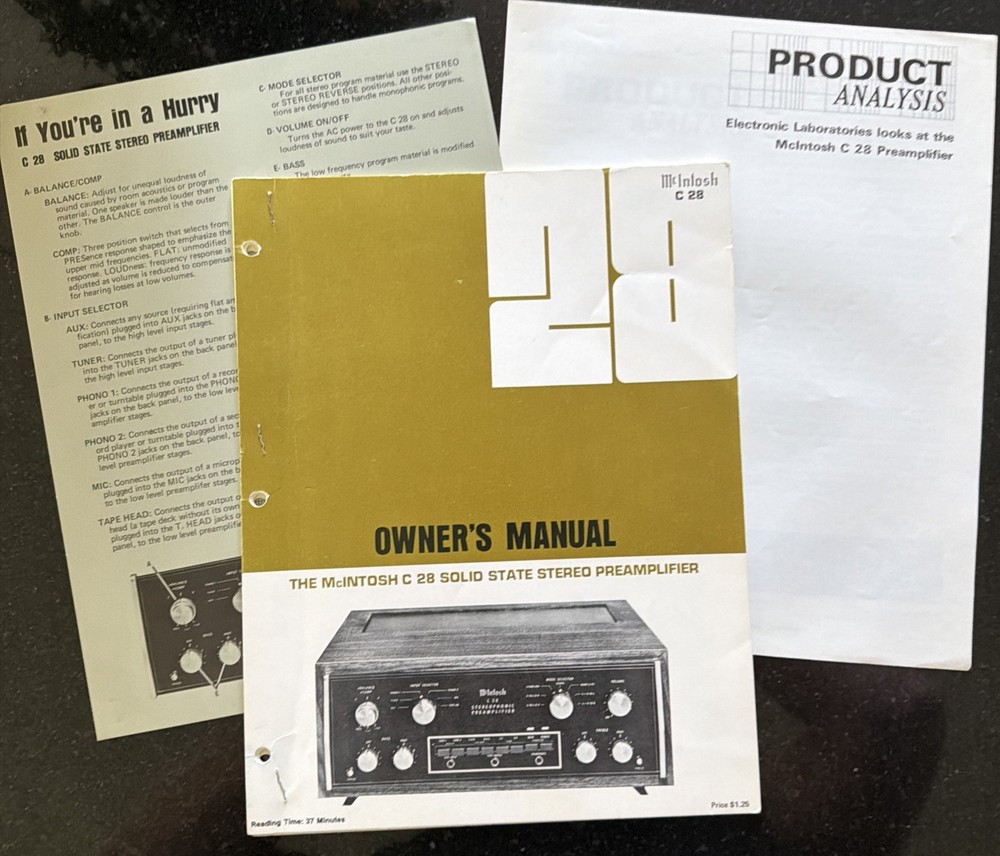 Original McIntosh C 28 Solid State Stereo Preamplifier Owners Manual,plus Extras
