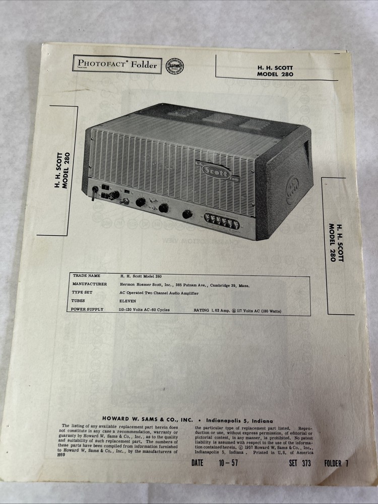 H. H. Scott Model 280 Tube Amplifier Photofact Folder 7 Set 373 Original