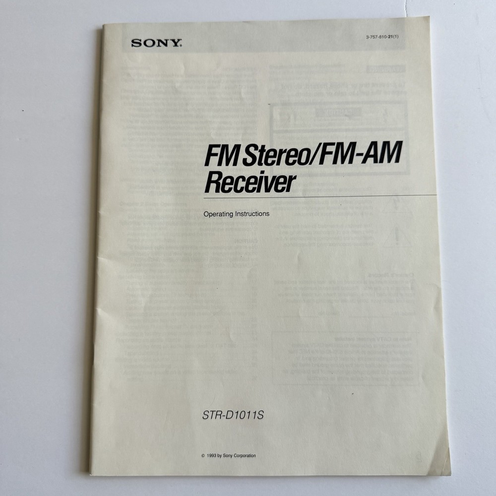 Sony STR-D1011S FM AM STEREO RECEIVER Owners Manual Instructions *Original* 1993