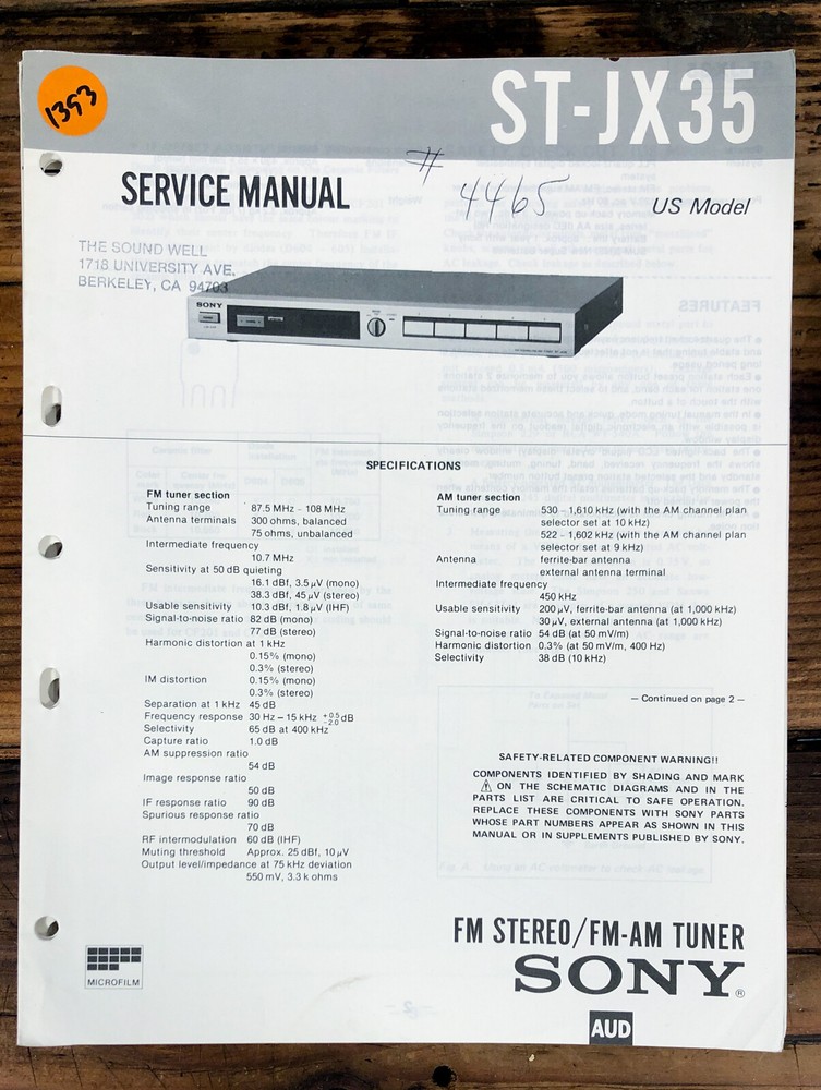 Sony ST-JX35 Tuner Service Manual *Original*