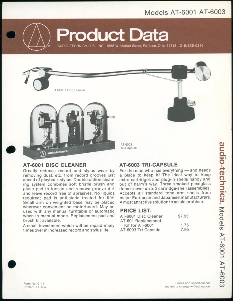 1979 Audio-Technica AT-6001 AT-6003 Disc Cleaner Tri-Capsule Dealer Brochure USA
