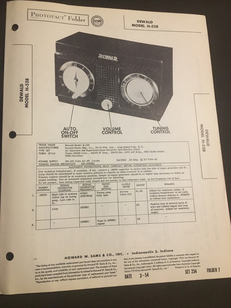1954 DEWALD H-528 RADIO SERVICE MANUAL PHOTOFACT SCHEMATIC DIAGRAM Original